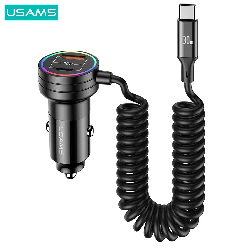 

USAMS C33 60W 12-24V Car Charger USB Type C PD Fast Charge Hardware Plastic Belt with Aperture Spring Cable