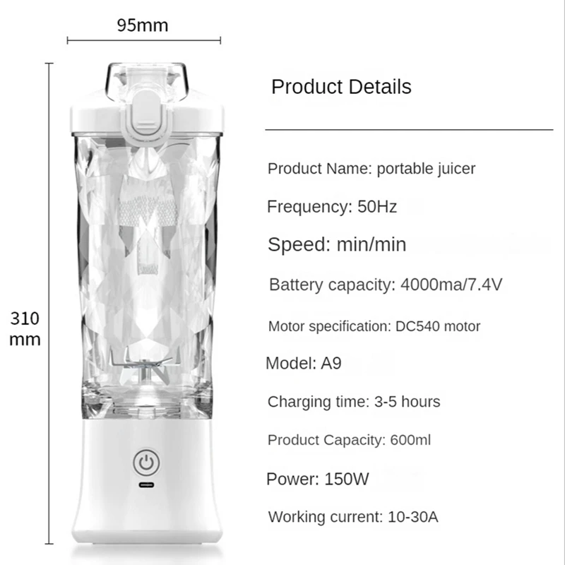 Draagbare Blender 600Ml Elektrische Juicer Fruitmixers 4000Mah Usb Oplaadbare Smoothie Mini Blender Voor Thuis En Op Reis