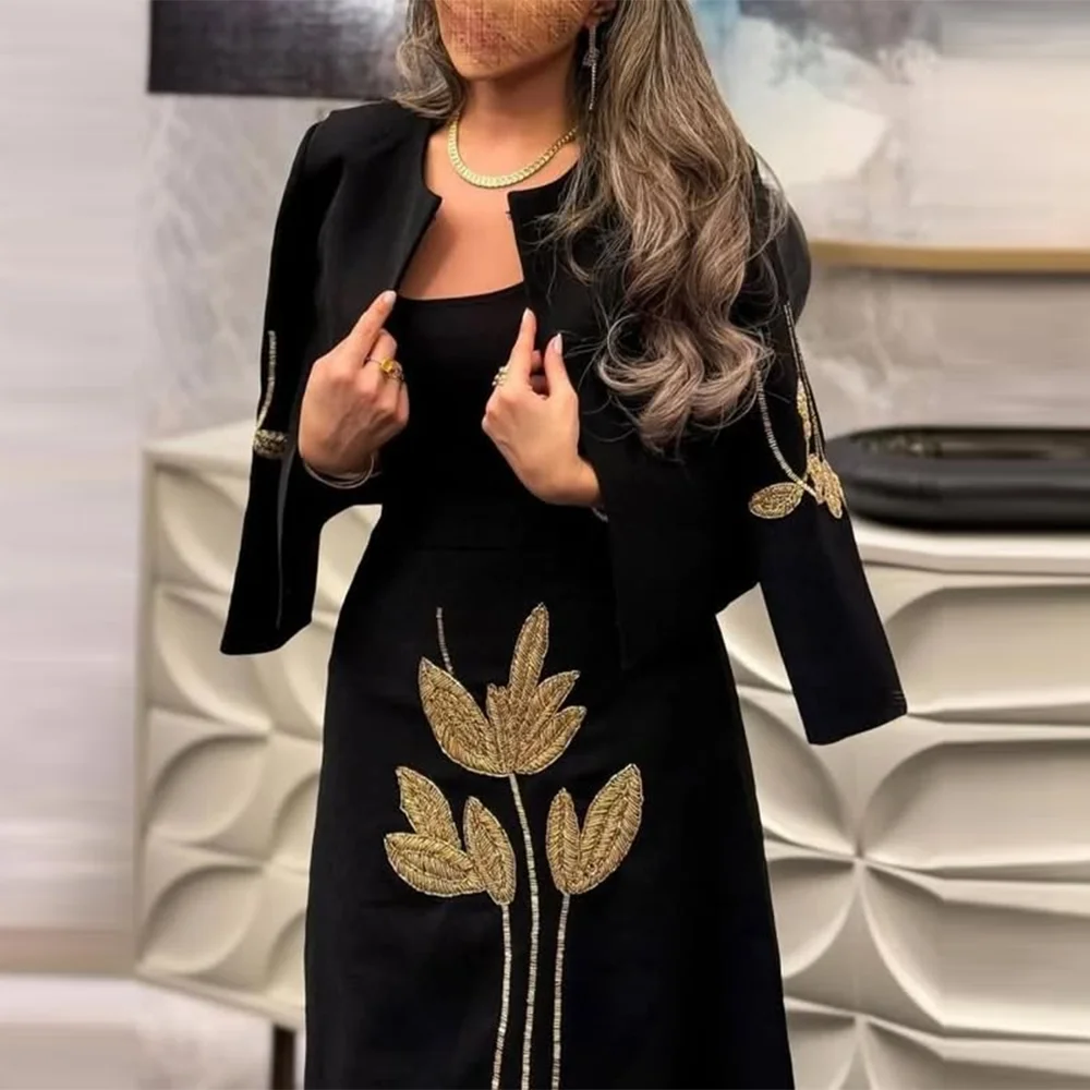 TWOTWINSTYLE Spliced Embroidery Two Piece Set for Women Round Neck Long Sleeves Patchwork Single Breasted Coat Midi Skirt Female