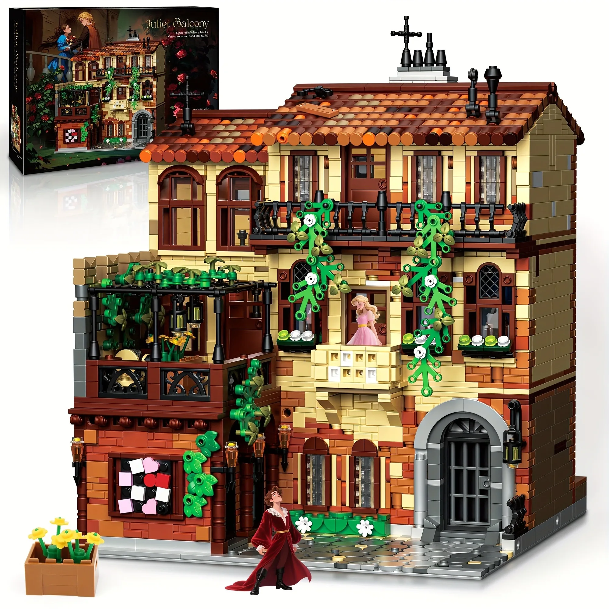 3800-teiliger Juliet-Balkon Baukasten Klassische Musiktheater-Balkonszene Modulares Architekturmodell Bausatz Spielzeug Geschenk für Erwachsene