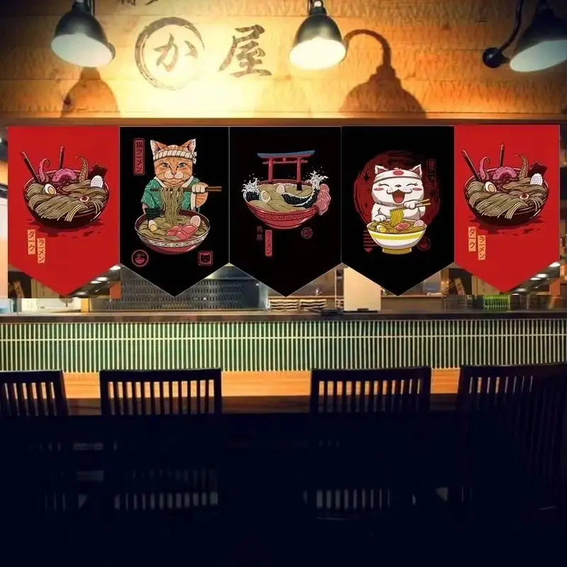 VIKAMA Retro Japanese-Style Ramen Cat Triangle Hanging Curtain Japanese Diner Banner Room Divider Kitchen Bar Counter Home Decor
