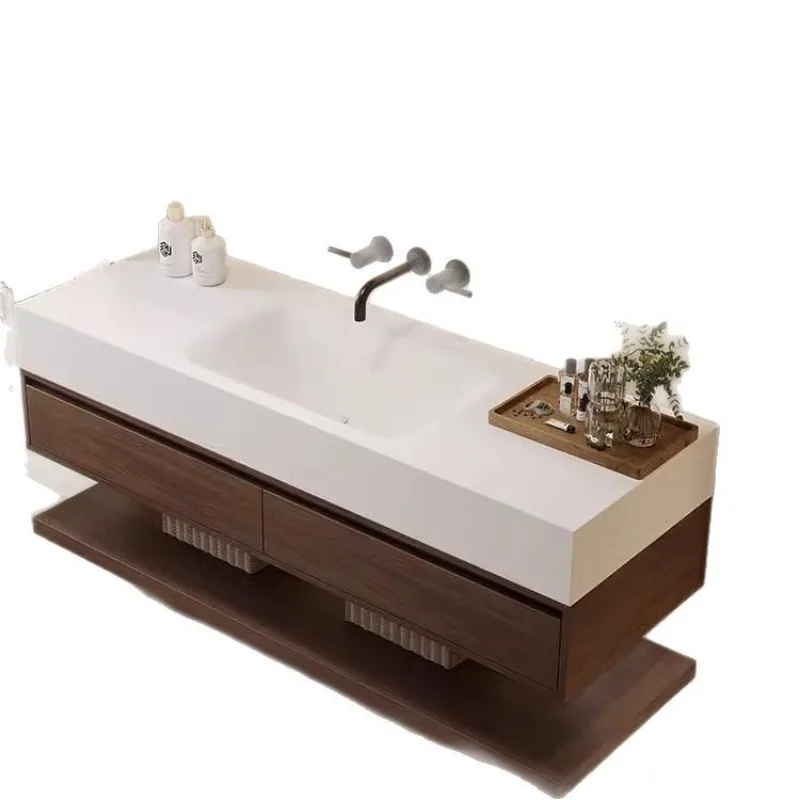 

Vintage log wind Corian rock slab hot bending seamless integrated basin bathroom cabinet combination face washstand
