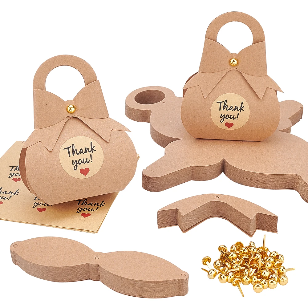 50 Packs Paper Gift Boxes Bowknot Favor Boxes Thank You Kraft Package Box with Stickers Treat Paper Boxes for Wedding Birthday
