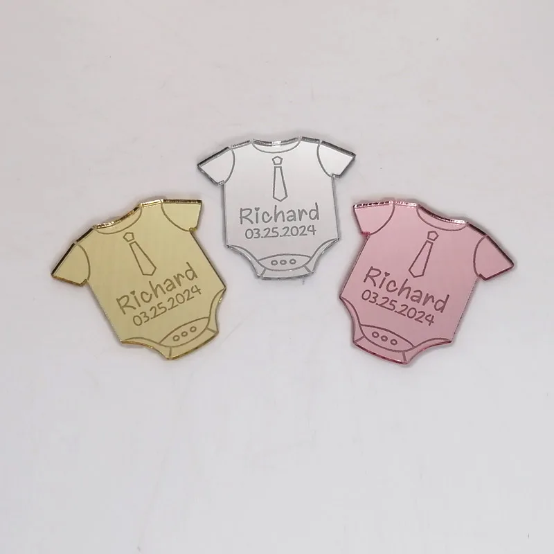 

30pcs Personalized Acrylic Mirror Baby Romper Shape Tag for Boy Girl Born Baby Shower Decoration Chocolate Candy Tags Guest Gift
