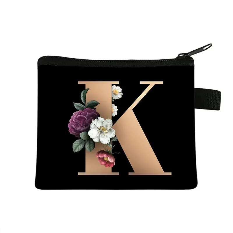 Mini bolsa de maquillaje para mujer, monedero con 26 iniciales, letras de A-Z, flores, Kawaii, con cremallera, para llaves de dinero, auriculares, a