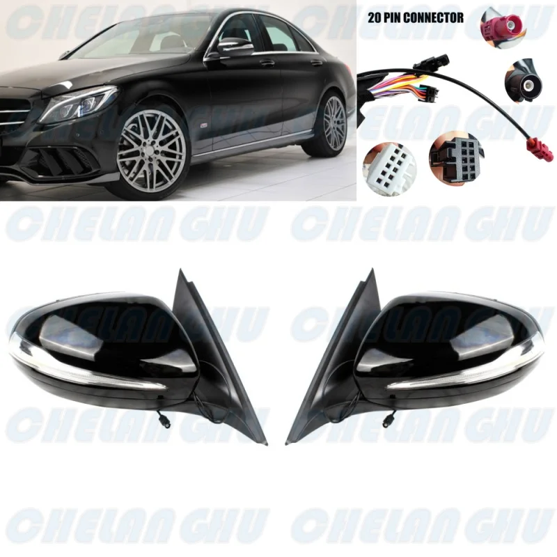 For Benz W205 C180 C200 C300 C250 2014 2015 2016 2017 2018 1 Pair 20 Pins Black Painted Power Fold Puddle Lamp Mirror Assembly