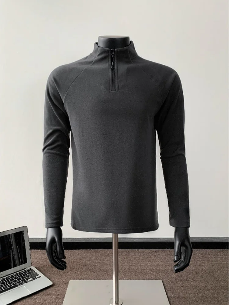 American Style Half Zipper Velvet Men's Autumn Winter Sportswear Long Sleeve High Collar Base Shirt Cleanfit Inner Wear T-Shirt