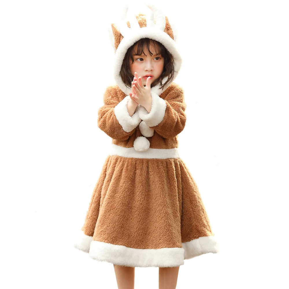 Cute Christmas Cosplay renna Animal Dress per donne e ragazze Khaki Coral Fleece Hooded Dress Elk Personality Loose Sleepwear