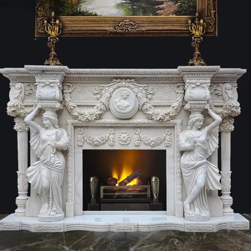 

Classic stone marble fireplace with lady statue column