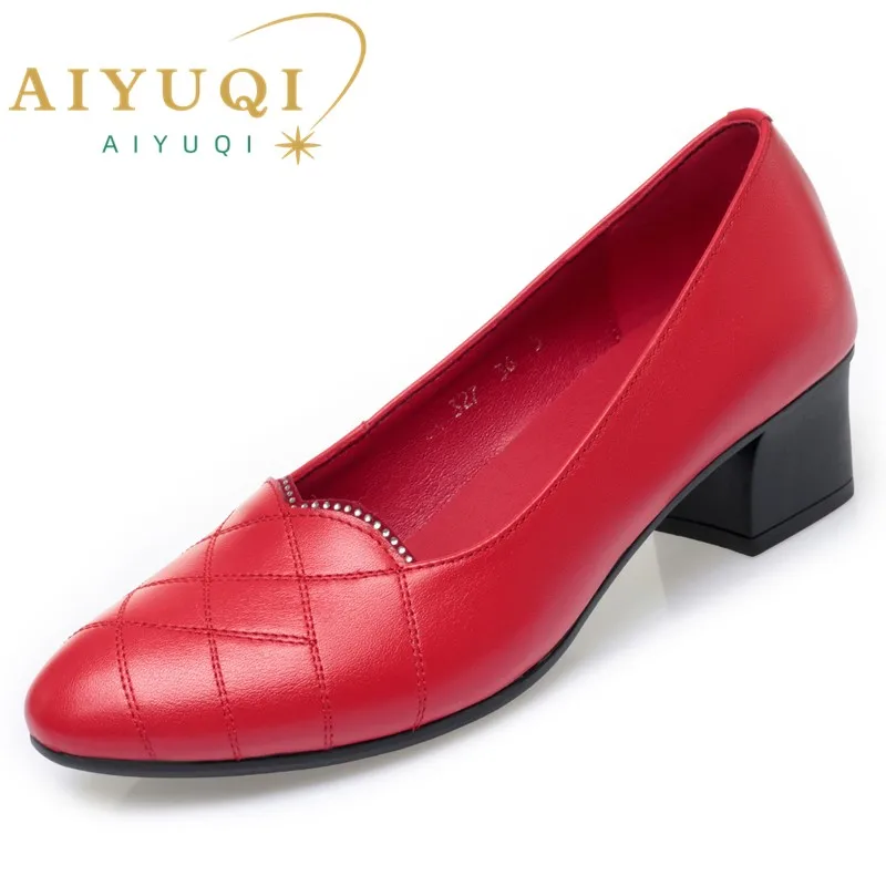 

AIYUQI Office Shoes Women 2025 New Genuine Leather Shallow Mouth Women Spring Shoes Mid-heel Middle-aged Mother Shoes Women