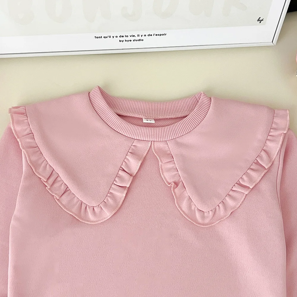Herbst-Kinderkleidung 2-Teiliges Set Mädchen-Oberteil mit Kragen Spitzen-Weitbein-Hose Lässiges Boutique-Set – Detail 4