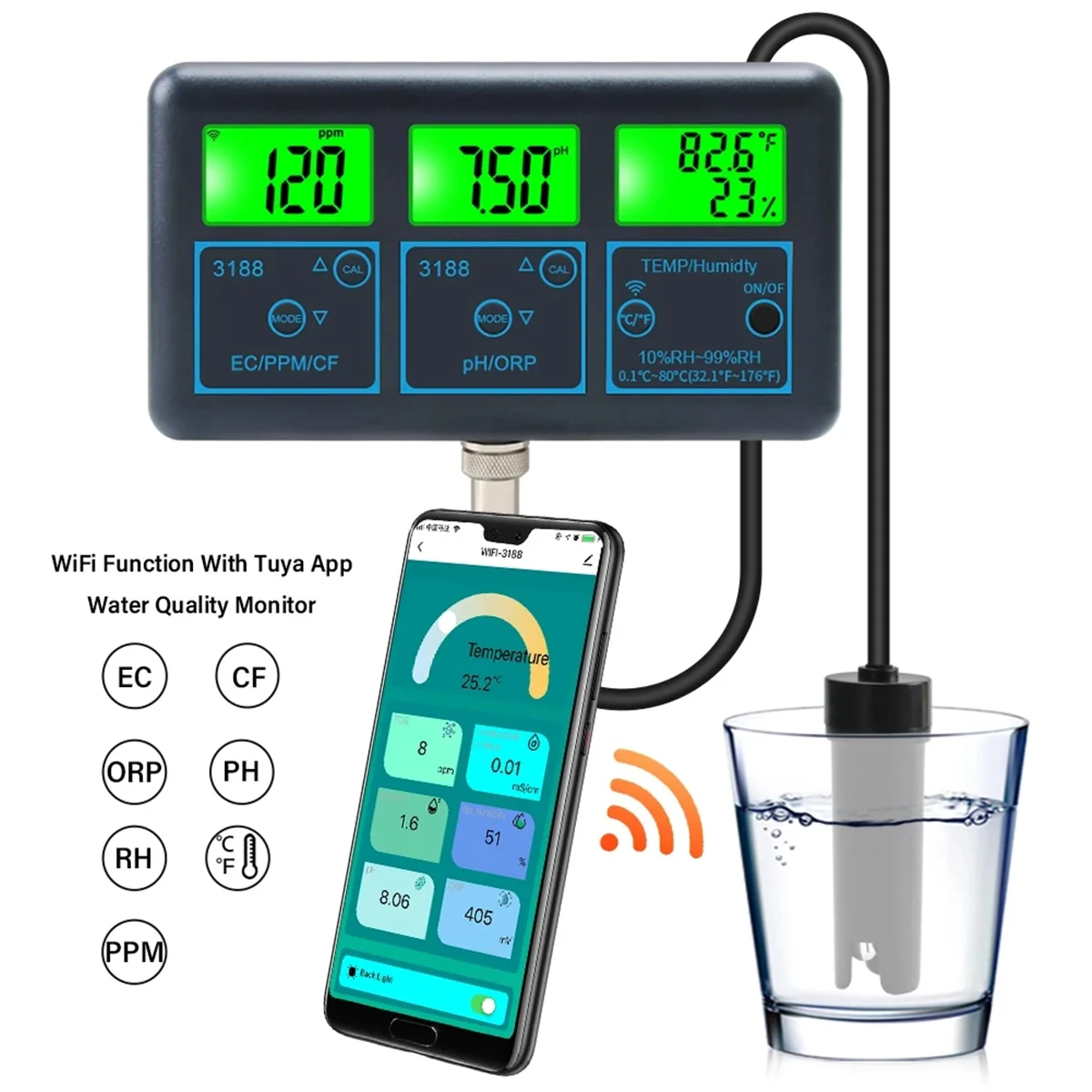 A79G WiFi Tuya Smart Monitor Fish Tank Aquarium SPA Pool Online Water Quality Meter PH ORP EC PPM Humidity Tester US Plug