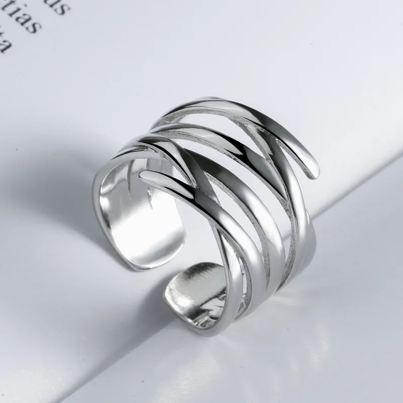 925 Sterling Silver INS Irregular Multi-Layer Line Fine Open Adjustable Women Ring Jewelry Accessories Gifts