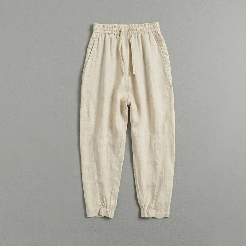 

Мужские повседневные брюки из чистого льна, летние, тонкие, дышащие, свободного кроя, прямые, модные, широкие, укороченные, больших размеров