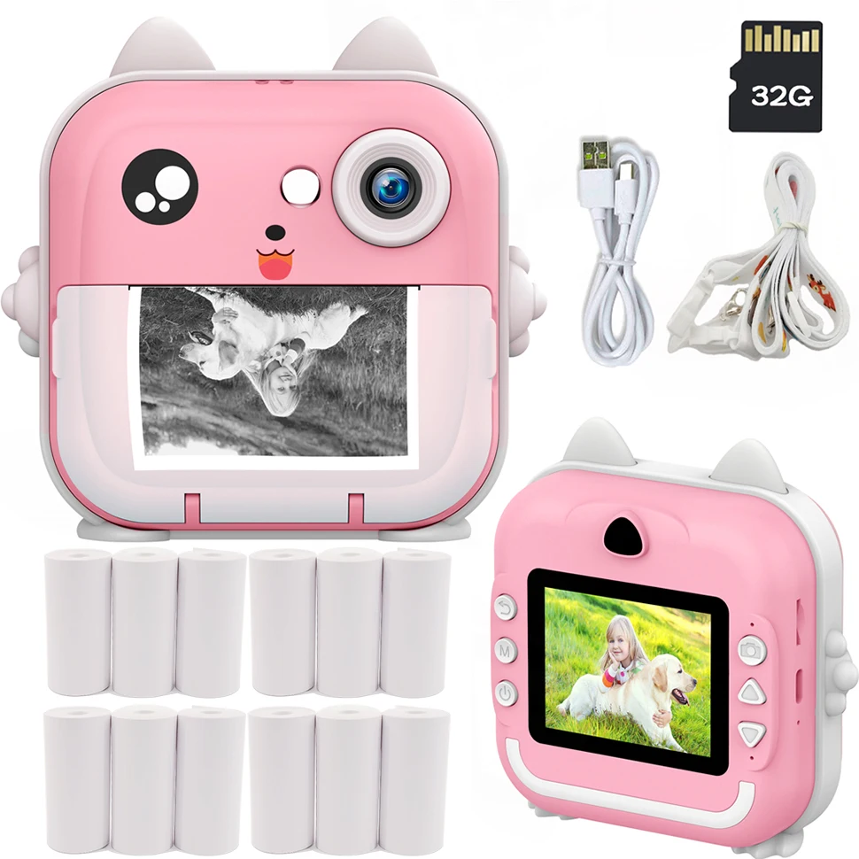 Cámara para niños, foto de impresión instantánea, cámara Digital HD de 1080P para niños con tarjeta TF de 32G, 12 rollos de papel de impresión, regalo de cumpleaños y Navidad