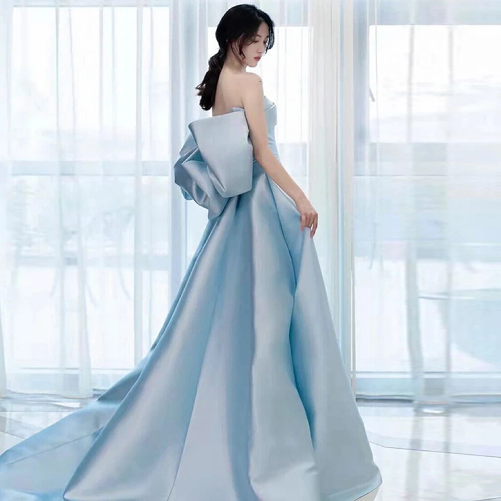 

Sky Blue Bridesmaid Dresses Satin Strapless Pleated Off Shoulder Big Bow Floor-length A-line High-end Evening Party Gowns 2024