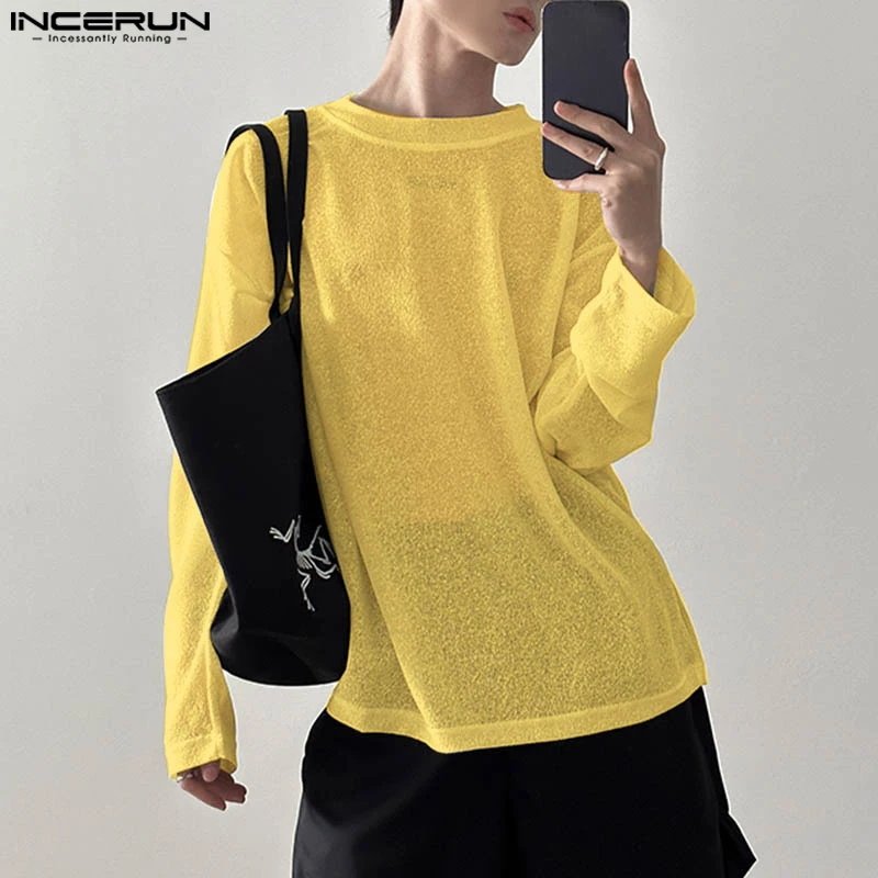 INCERUN Tops 2024 Korean Style Fashion Men O-neck Slightly Transparent T-shirt Male Streetwear Solid Long Sleeved Camiseta S-5XL