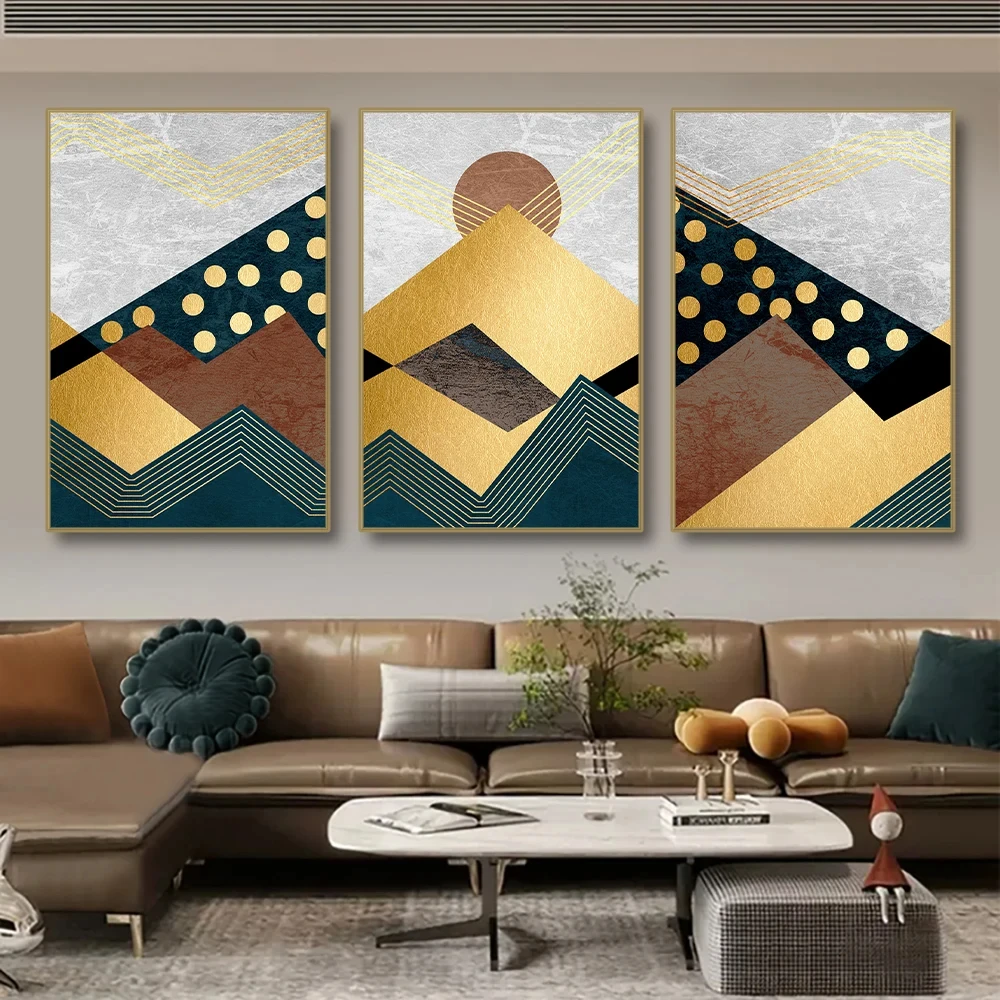 Modern Abstract Color Block Print Canvas Painting, Golden Mountain Sun Poster Wall Art, For Living Room Study Decor, No Frame