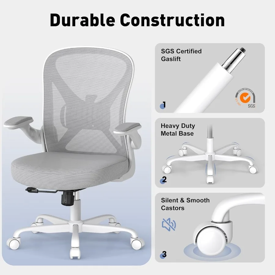 كرسي مكتب مريح مع دعم قطني قابل للتعديل كرسي مكتب منزلي شبكي مع عجلات وأذرع قابلة للطي باللون الرمادي لـ Enha