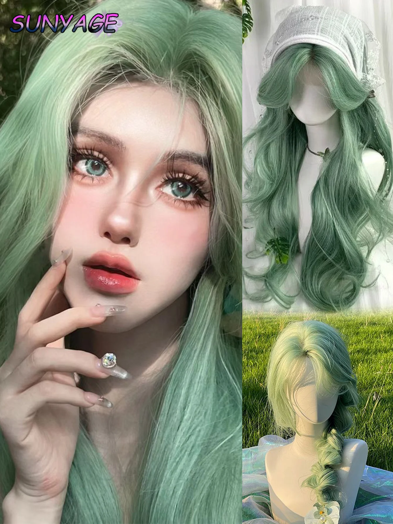 

Mid notch bangs Women's Long Hair Mint Green Star Same Style Synthetic Long Curly Hair Versatile COS Wig Full head big waves