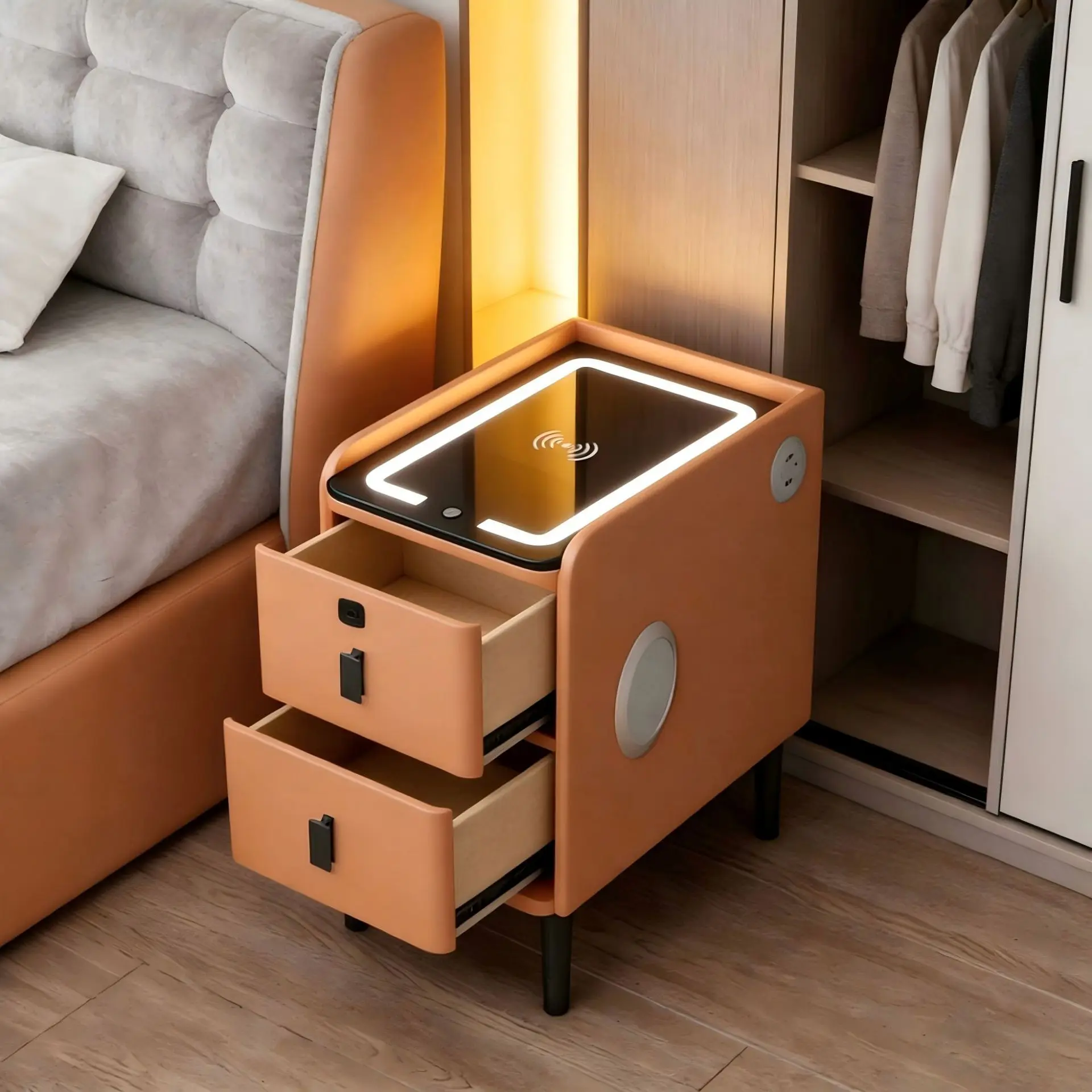 Wholesale small smart nightstand, multifunctional solid wood bedside cabinet, home bedroom storage cabinet manufacturer