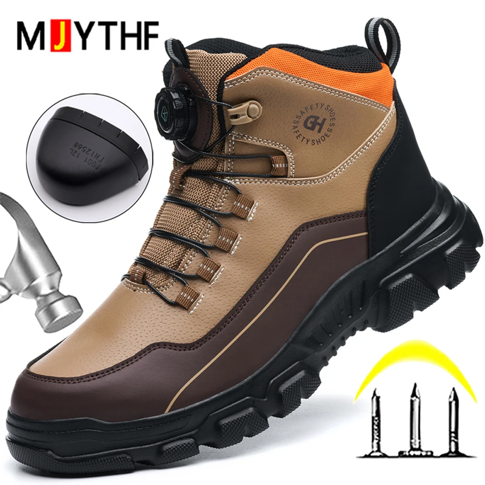 Rotating Button Leather Shoes Safety Boots Men Quality Work Boots Steel Toe Shoes Puncture-Proof Security Sneakers Waterproof