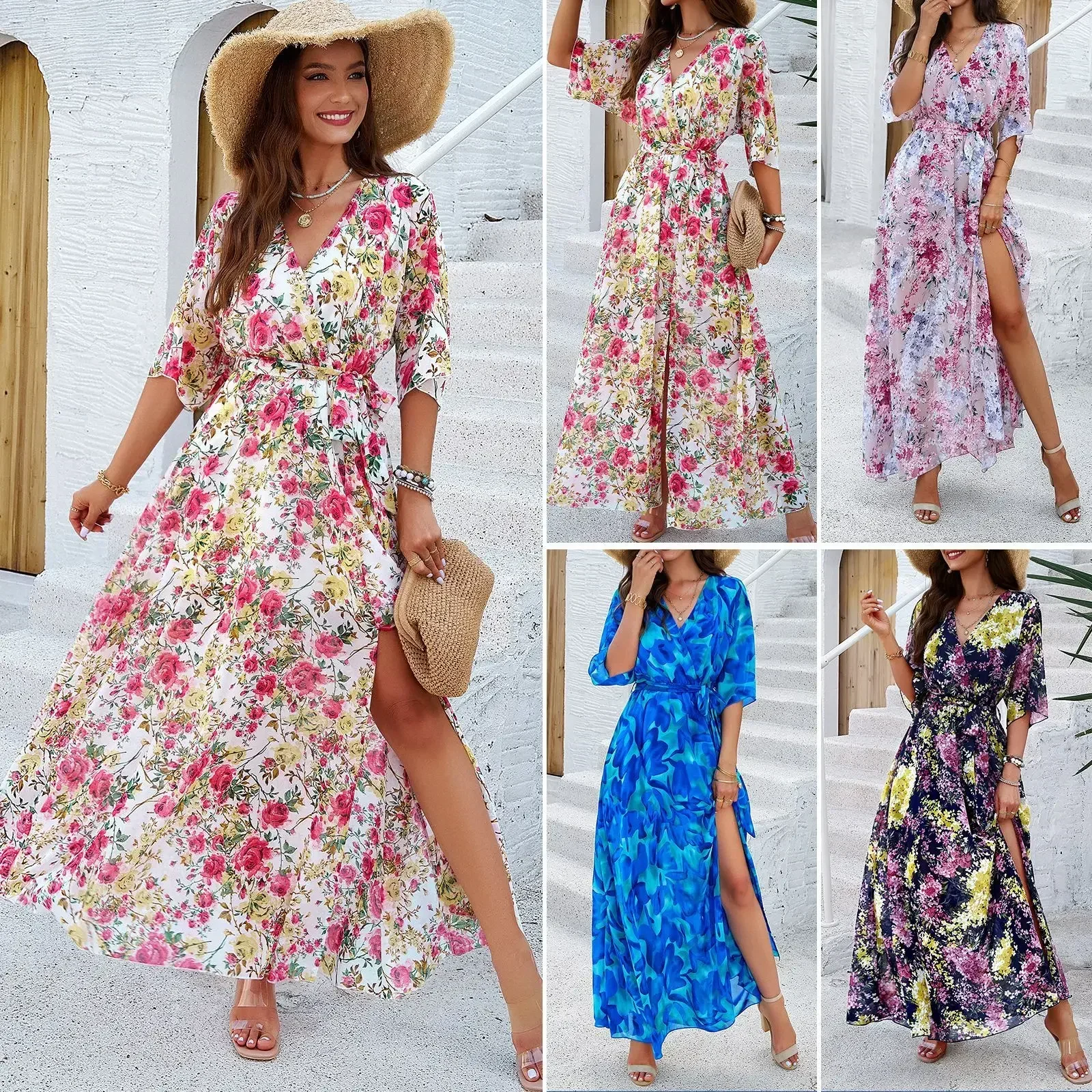 

LIBIELIY Women's Fashion Summer New Long Summer Dress Vent Printed Women's Beach Dress Waist Lace Up Dress For Girls Women's Clo