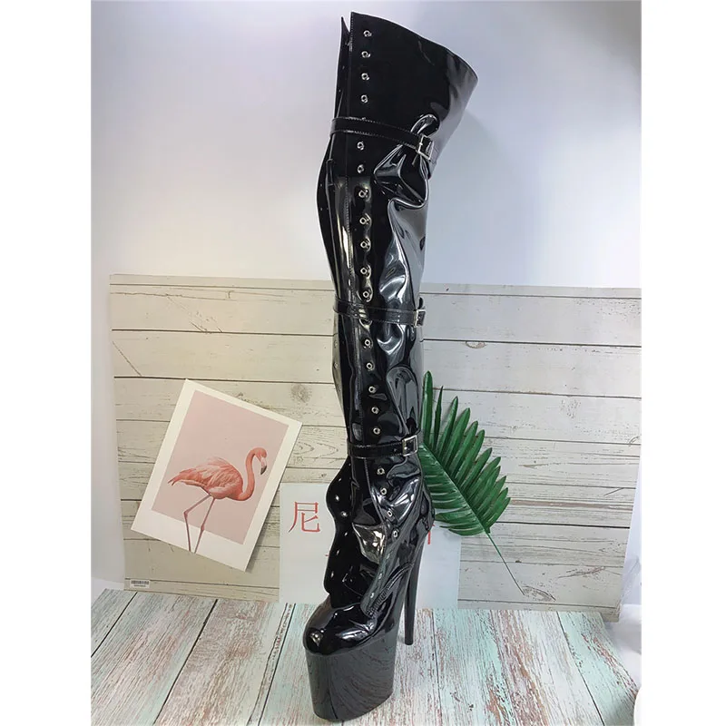 Custom Patent 8Inches 20CM Women Thigh High Platform Boots Fetish Cosplay Stage Pole Dance Shoes Long Botas Big Size 46