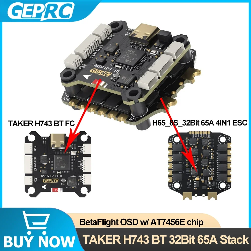 VoltSGEPRC TAKER H743 BT 32Bit 65A Stack H743 BT Flight Controller H65_8S_32Bit 65A 4IN1 ESC Dual Gyro For Racing FPV Drone MOZ7