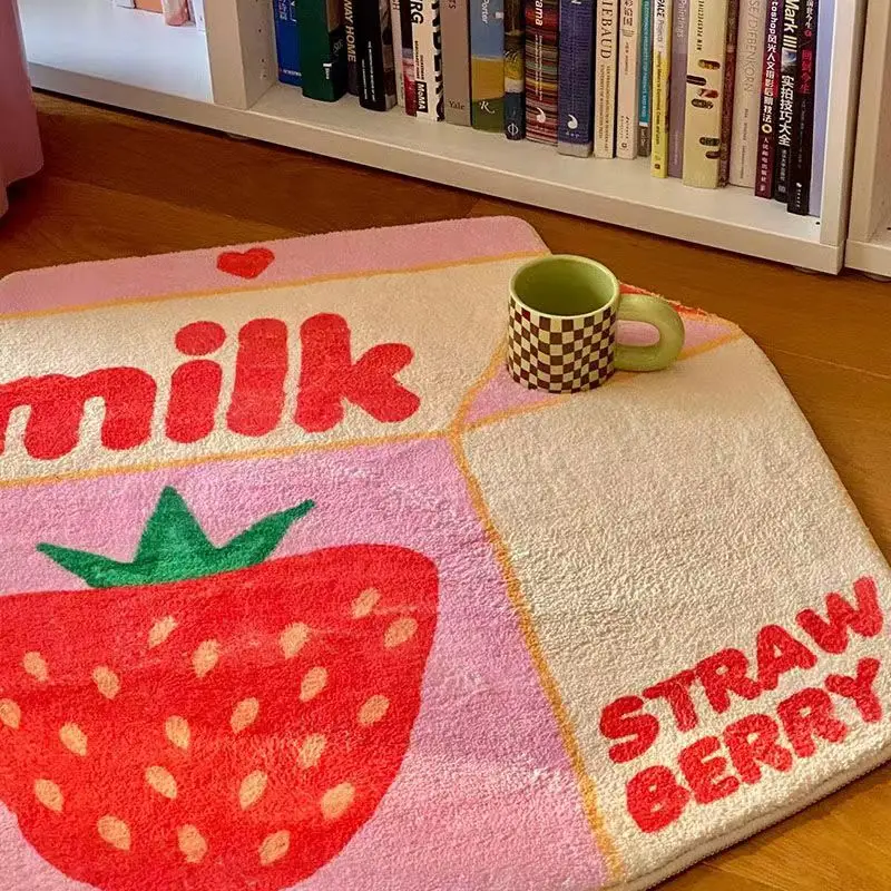 Cute Milk Floor Mat Pink Strawberry Household Bedside Carpet Cartoon Room Decoration Anti Slip Rugs Aesthetic Rug