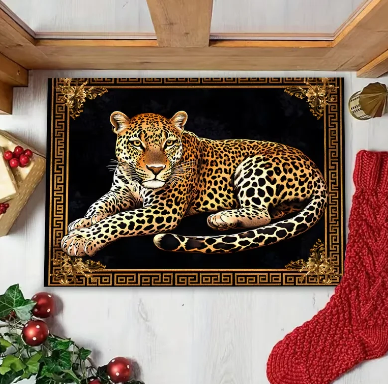 2D Flat Printing 1pc Leopard Print Golden Diamond Flannel Welcome Mat, Practical Outdoor Indoor Door Mat Bathroom Small Rug