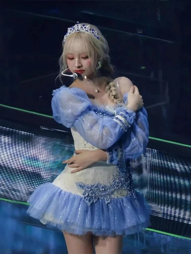 Ropa de actuación en escenario Kpop Dj para mujer, festivales de cantantes coreanos, vestido elegante de encaje con hombros descubiertos, trajes de baile de Jazz de manga larga