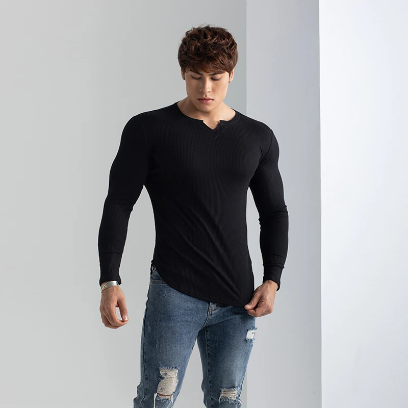 2024 Men t-shirt Sports Long Sleeve T-Shirt Men\'s Texture Stripes Solid Color V-Neck Tights Stretch Running Hip Hop T Shirt