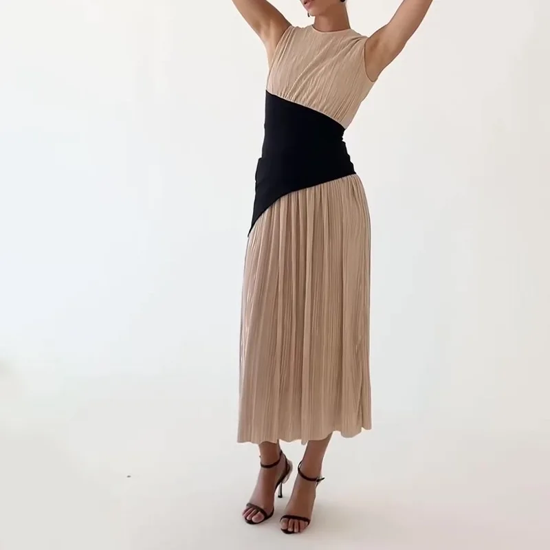 2025 봄 여름 신상 여성 의류 플리츠 불규칙 블랙 패치워크 민소매 타이트 롱 드레스