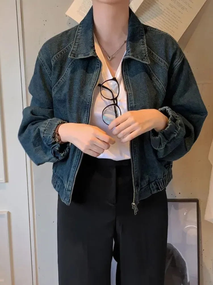 

Faionable ort Denim Jaet, женский топ на молнии, Гонконгский Sle, ретро-дизайн, осенняя одежда, шикарный однотонный свитер