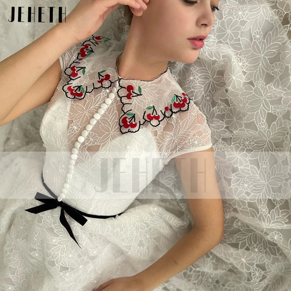 JEHETH Elegant Ivory Lace Embroidery Pastoral Prom Dress Cap Sleeves O-Neck Evening Party Gown with Pockets Ankle Length فستان