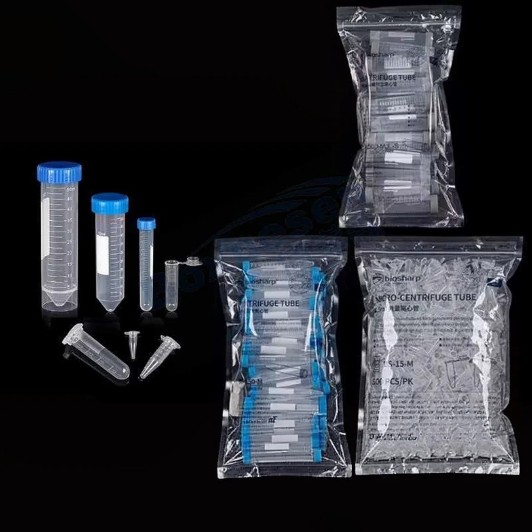 Plastic screw-capped centrifuge tubes: 0.2, 0.5, 1.5, 2, 5ml round-bottom; 15ml tapered-bottom; 50ml tapered-flat-bottom