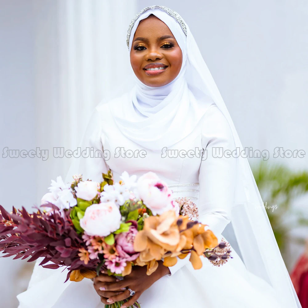 Gaun pengantin Muslim sederhana gaun pesta Organza Ruffles leher O lengan panjang putih gaun pengantin gaun Afrika No ajab