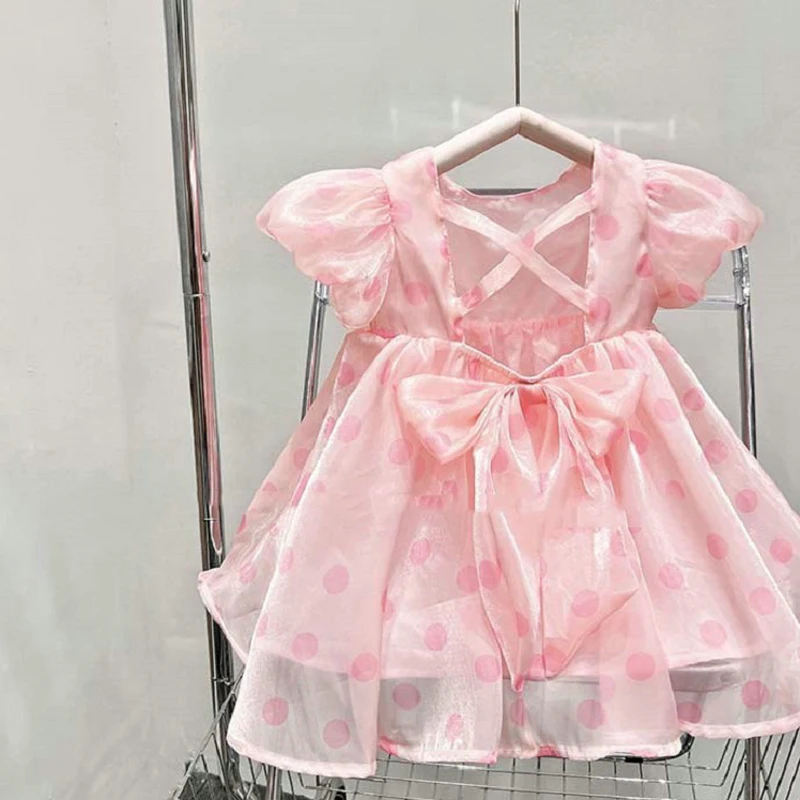 New Girls Summer Princess Dress Outer Wear Children Clothing Polka Dot Tutu Puff Sleeve Bow Evening Vestidos Baby Kids Clothes