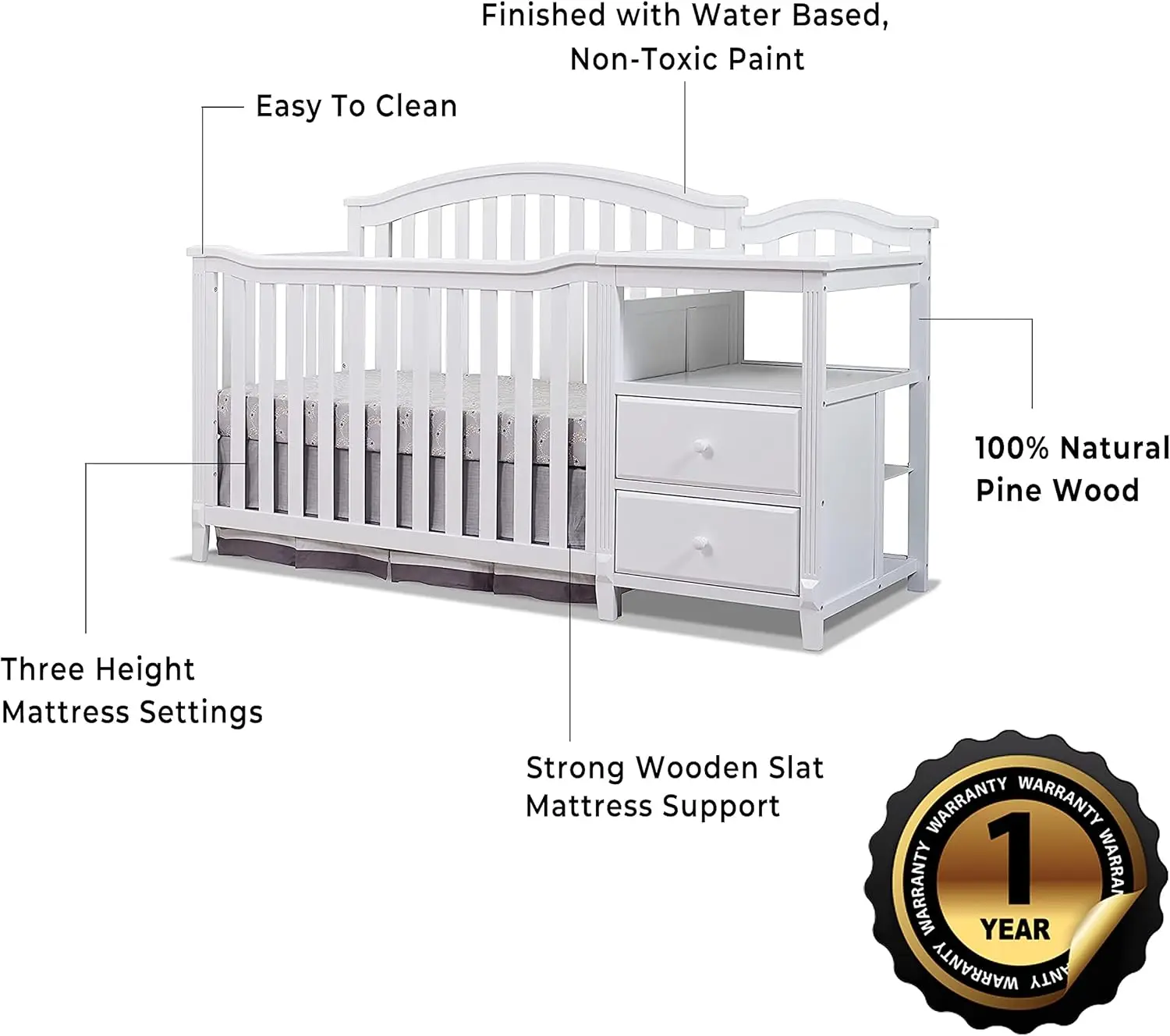 Changer with Slat Panel Back Classic -in- Convertible Diaper Changing Table Non-Toxic Finish