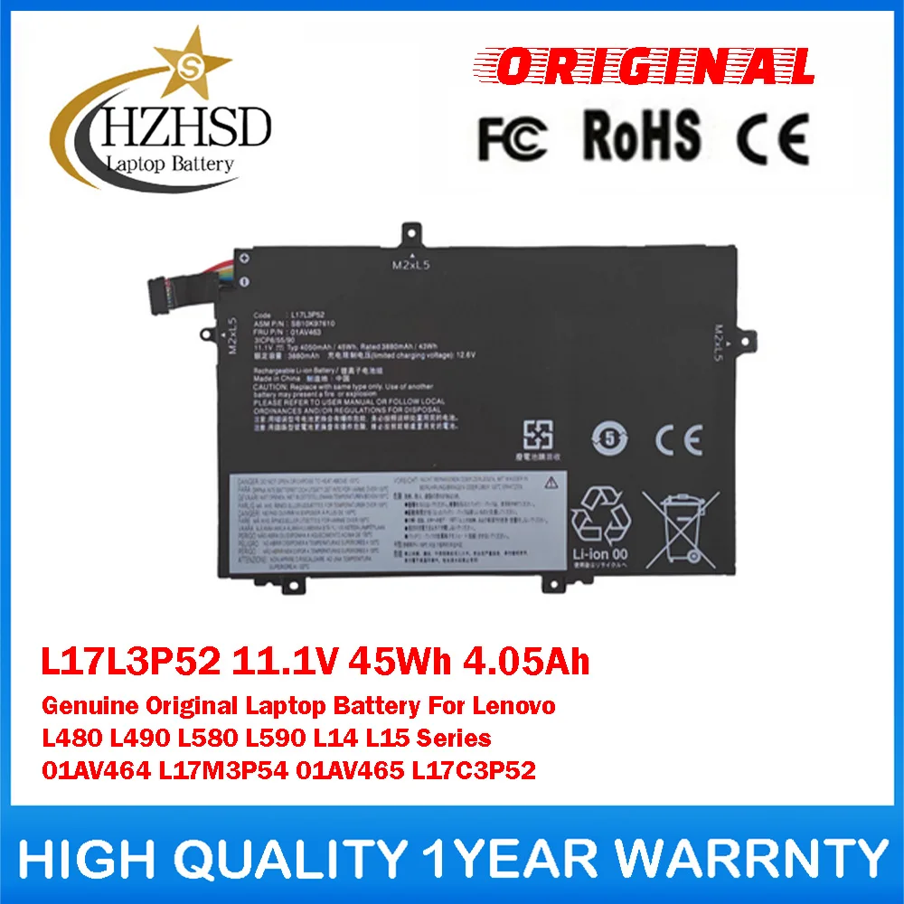 L17L3P52 11.1V 45Wh 4.05Ah Genuine Original Laptop Battery For Lenovo L480 L490 L580 L590 L14 L15 L17M3P54 L17C3P52 01AV465/4