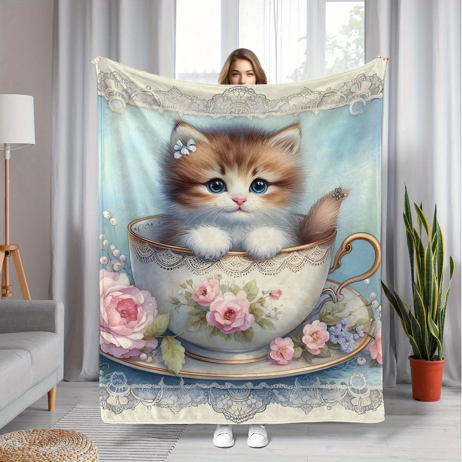 Cute White Lamb Throw Blanket Fluffy Sheep Among Vibrant Wildflowers Oil Painting Floral Nature Art Decor Bedroom Couch Blanket