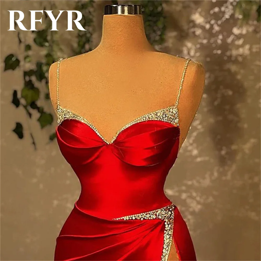 RFYR Mermaid Sexy Evening Dresses Beading Red Charming Spaghetti Strap Prom Dress with High Split Party Dress vestidos de noche