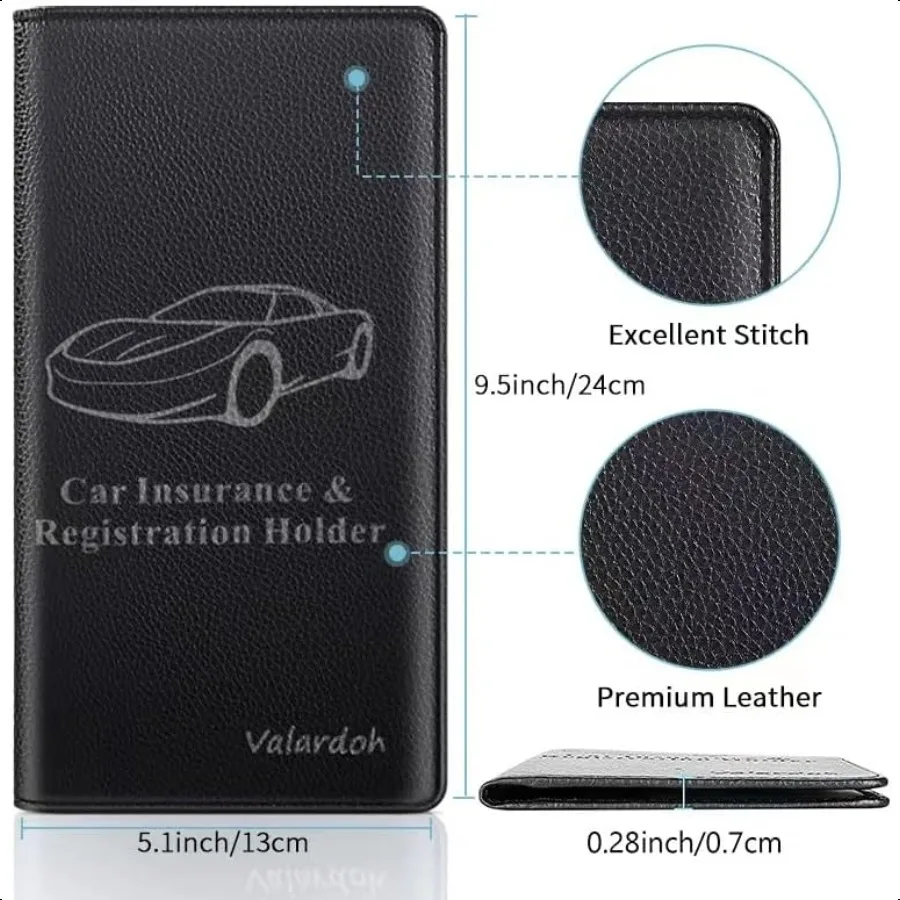 Porta-cartões premium para registro e seguro de carro, porta-documentos para cartões, carteira de motorista, outros documentos de entrada, preto