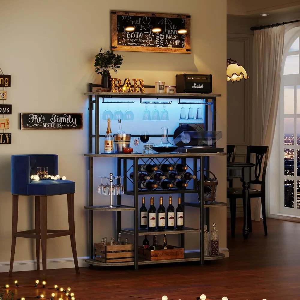 Weinregal mit LED-Licht, Bartischschrank mit Glashalter, freistehende Aufbewahrungsregale für Kaffeebar, 6-stufiger Spirituosenschrank