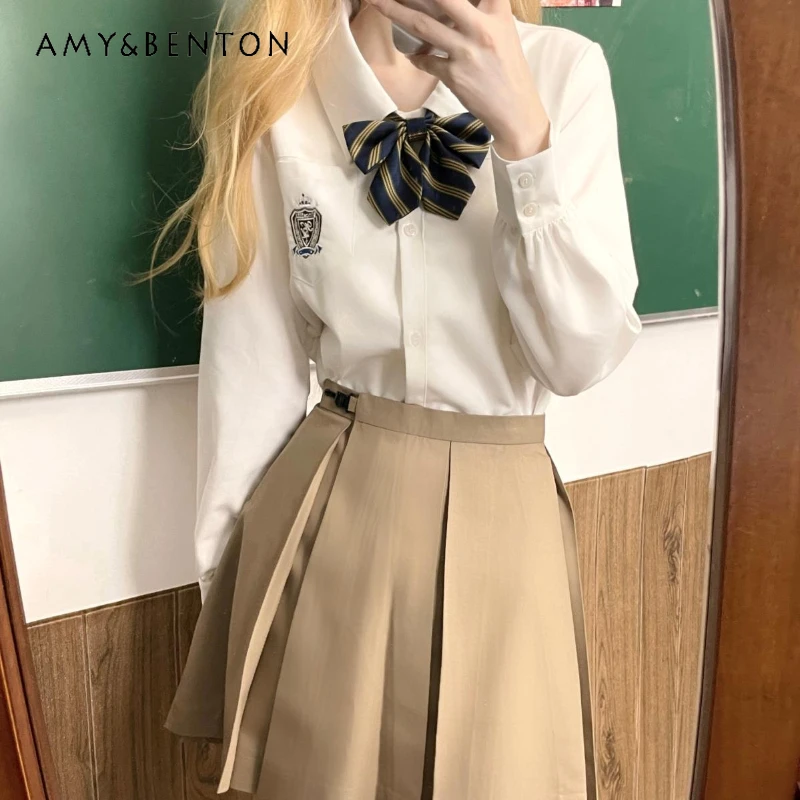 

2024 New British Basic Jk Uniform White Long Sleeves Lapel Pocket Shirt Top Brown Miniskirt Fashion And Versatile Suit For Girls