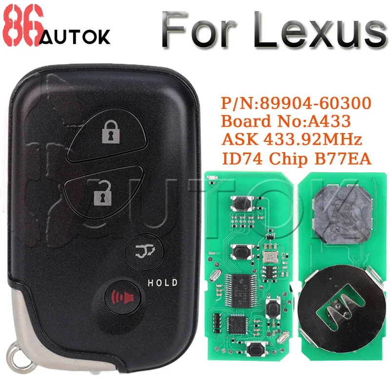 

Auto Remote Key for Lexus LX570 RX270 RX300 RX350 Board No:A433 ASK 433.92MHz ID74 Chip FCCID:B77EA Aftermarket 2012 Smart Key