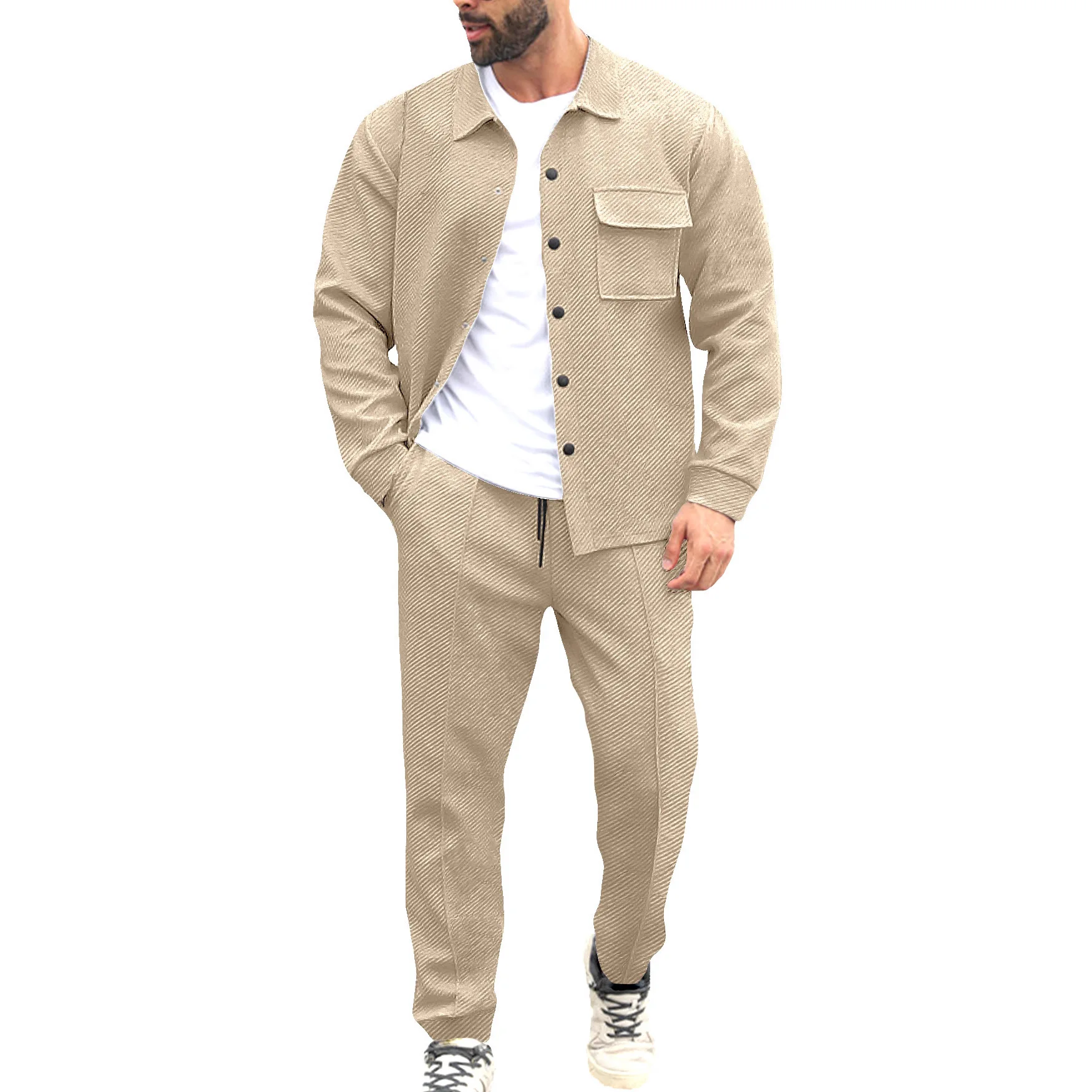 Men's Casual Lapel Long-Sleeved Cardigan Single-Breasted Solid Color Fitted Jacket Set Autumn Winter New