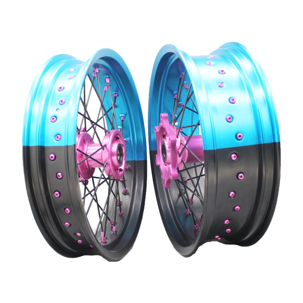 

Light Blue and Black Two-color Rim pink Hub Custom SXF 125 250 300 450 17 Inch 36 Spoke CNC Alloy Supermoto Wheels Sets for KTM