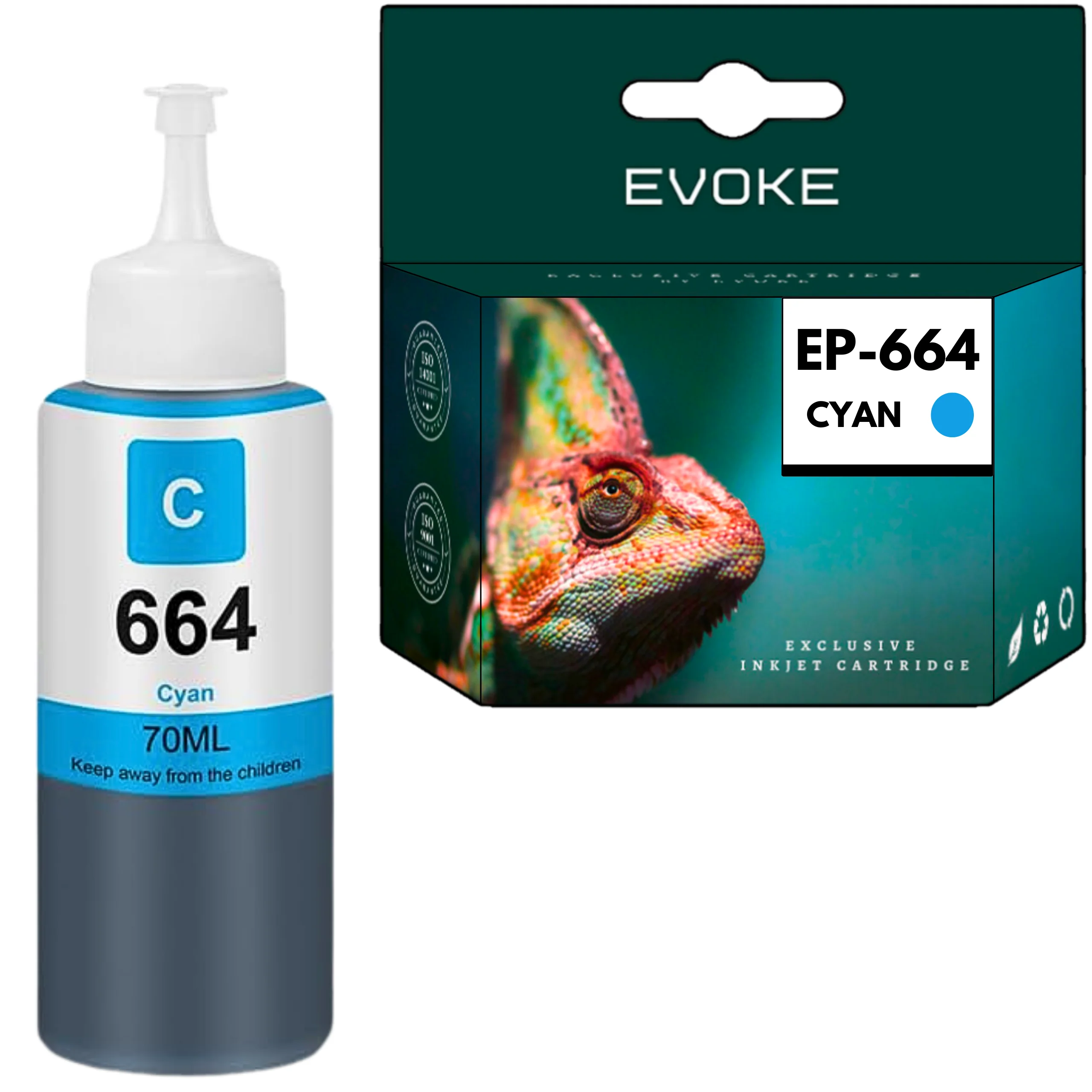Evoke compatibele inkt voor Epson T664 T6642 cyaan 70 ml 6400 pagina's Ecotank L100 110 200 210 300 310 350 355 361 365 380 382 385 386 455 485 486 550 555 565 605 655 1300 1455; Et-2500 2550 2600